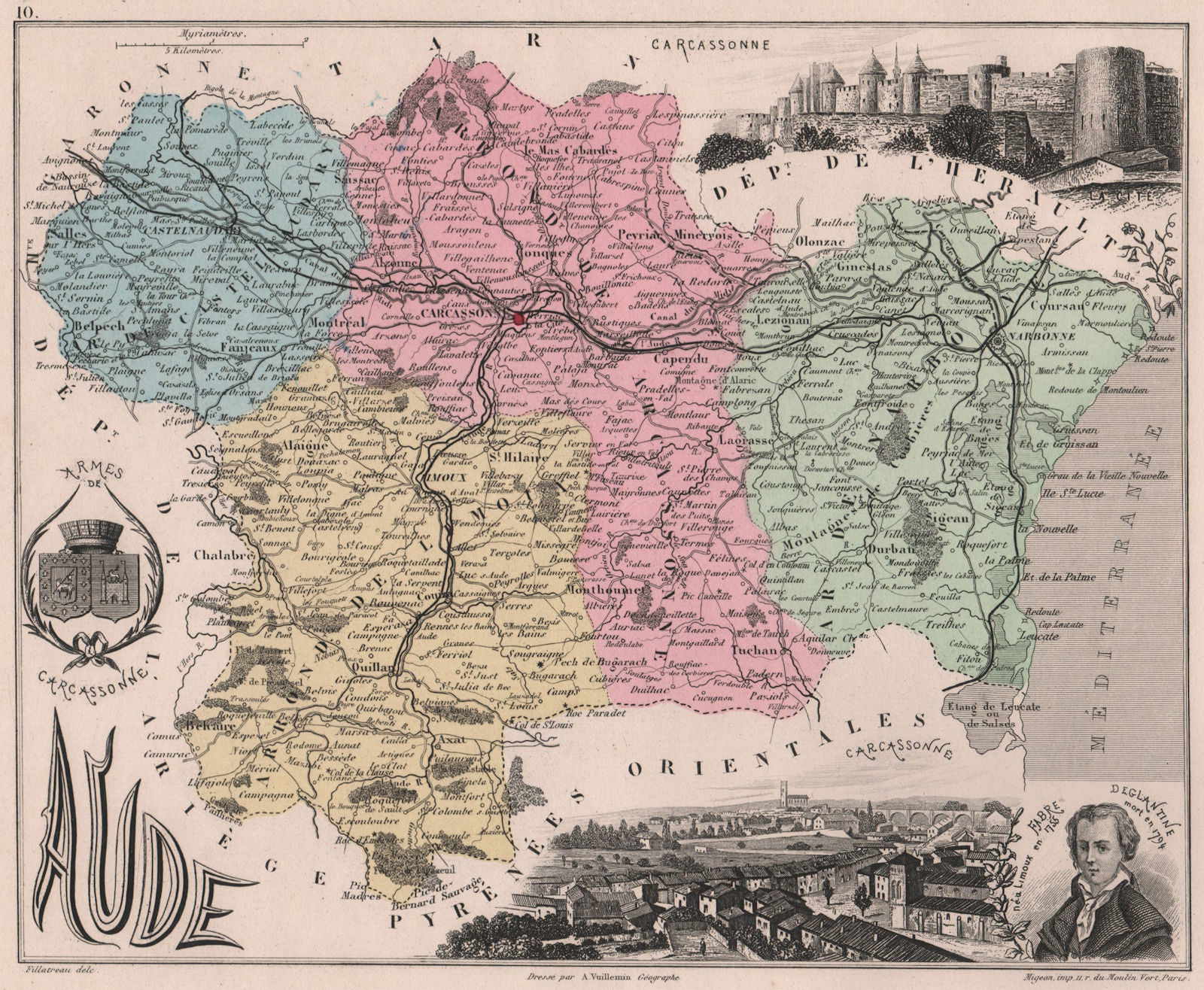 AUDE. Département. Carcassonne. Deglantine. VUILLEMIN 1879 old antique map